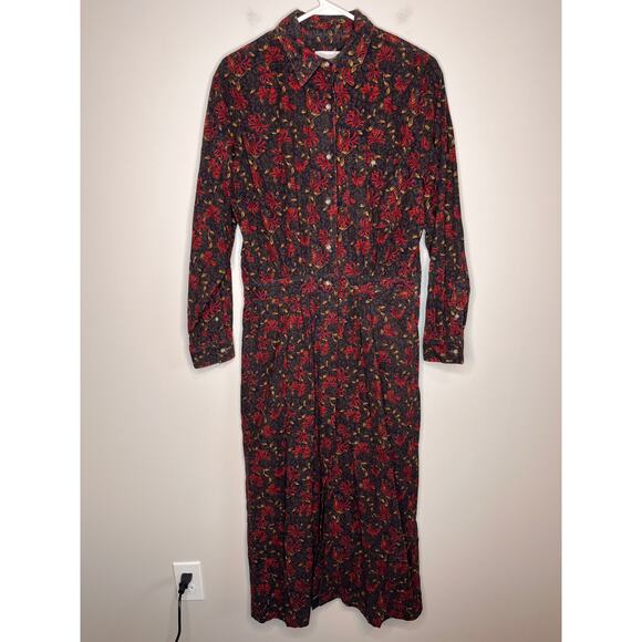 Lands' End Dresses & Skirts - 1990s Lands' End Red Fall Floral Corduroy Whimsigoth Jumper Maxi Moody Dress M